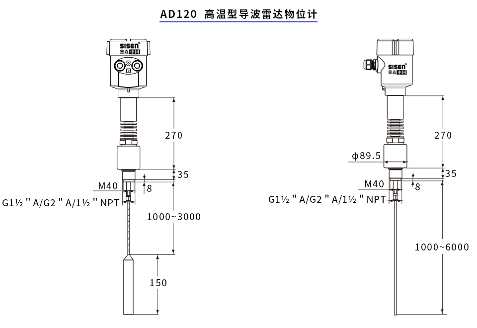 AD120高溫型導(dǎo)波雷達物位計產(chǎn)品尺寸